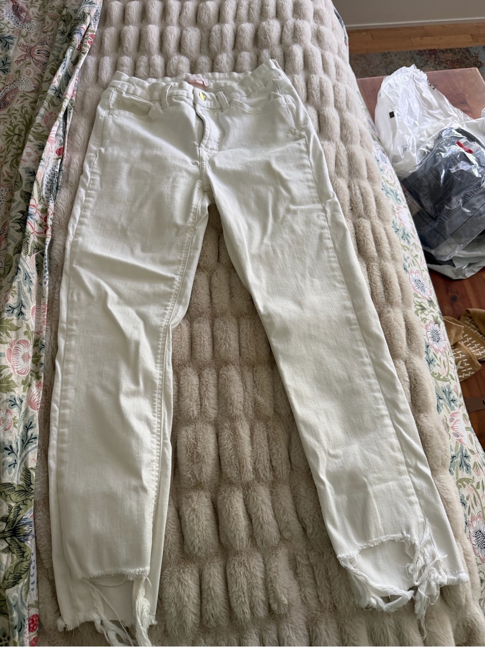 White Distressed Hem Straight-Leg Jeans